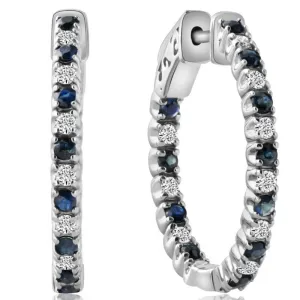 1.25Ct Diamond & Blue Sapphire Inside Outside Hoops 14k White Gold Lab Grown