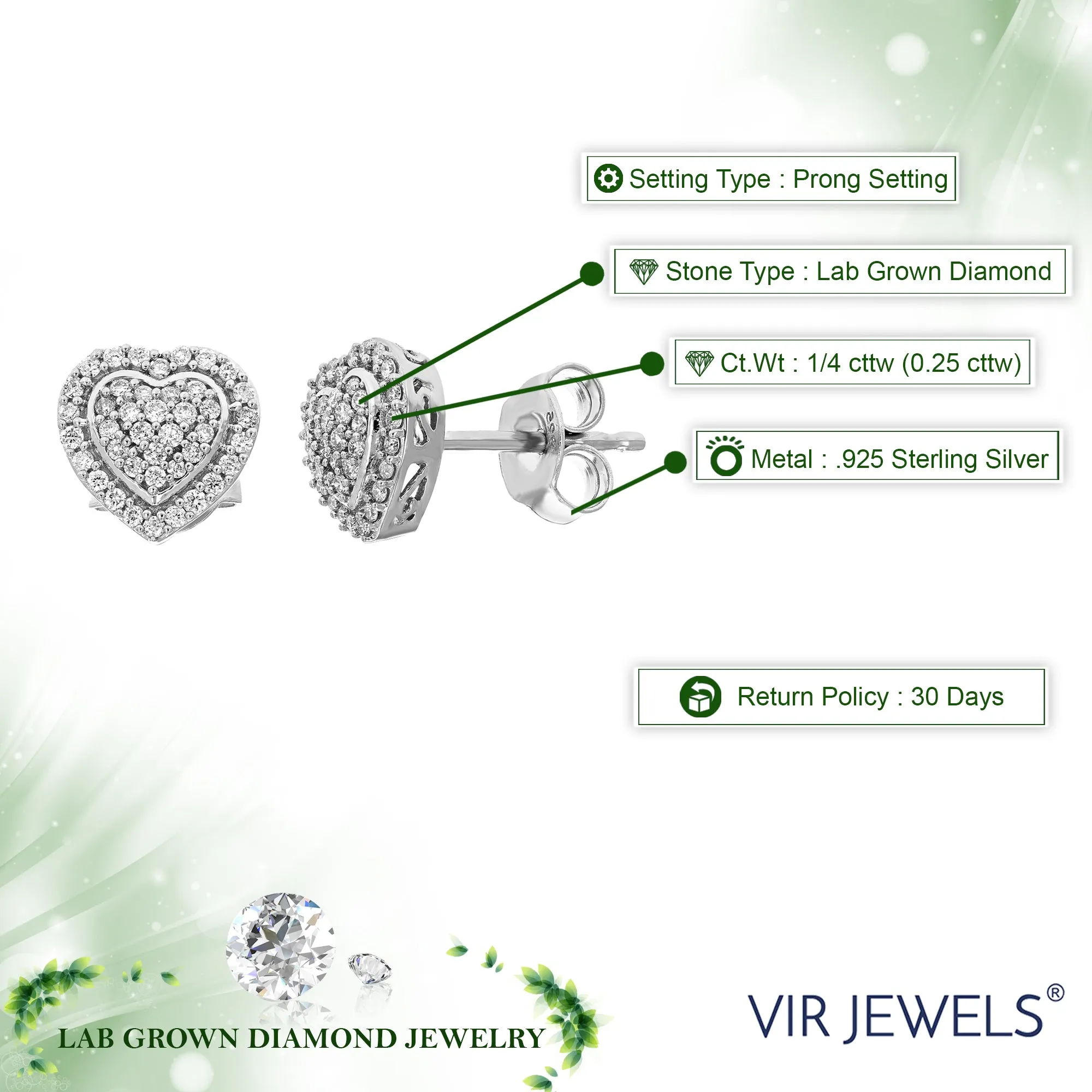 1/4 cttw Lab Grown Diamond Heart Stud Earrings in Sterling Silver