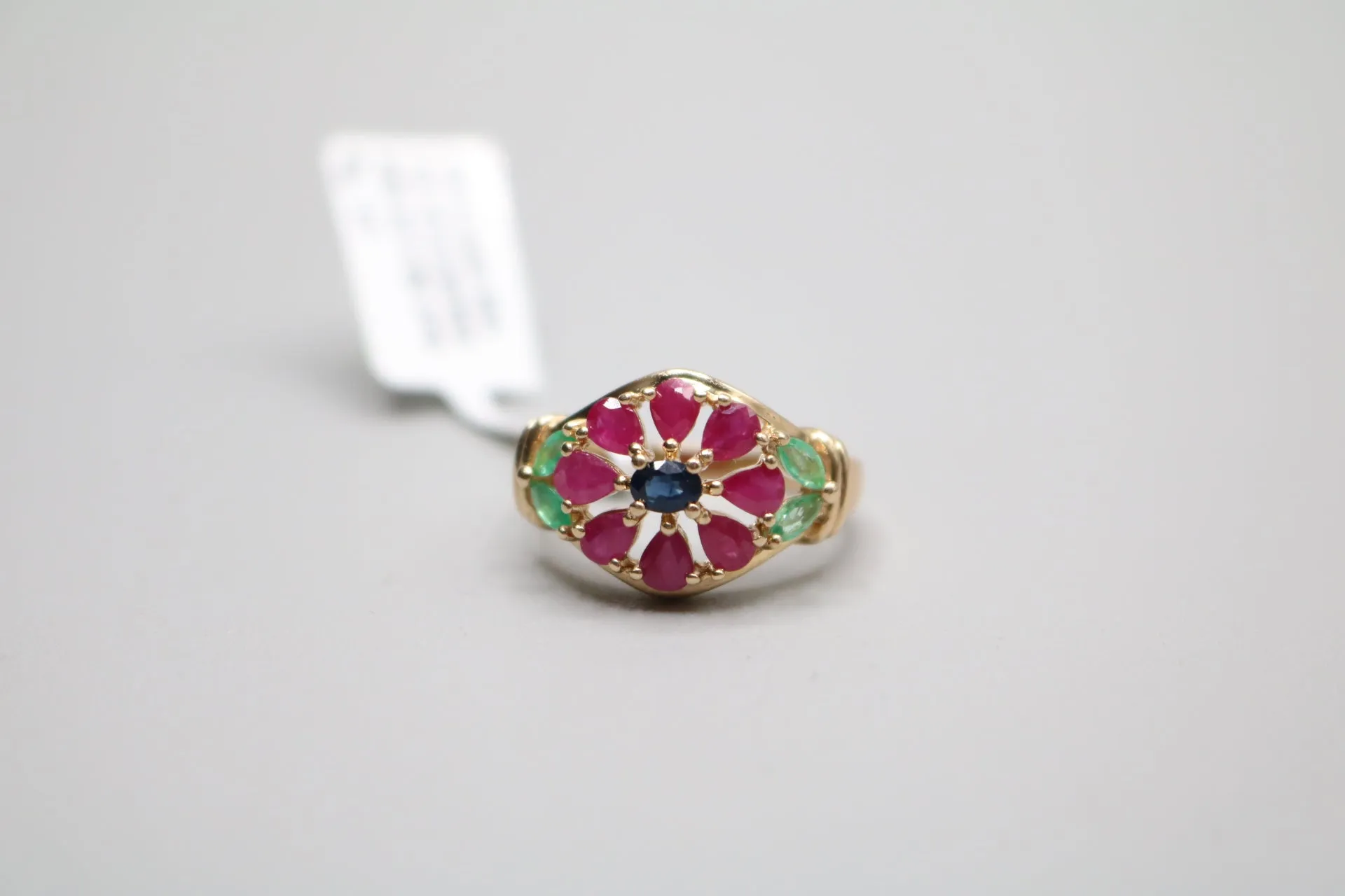 14-Karat Yellow Gold Fancy Colorful Flower Ring Size of 6 3/4