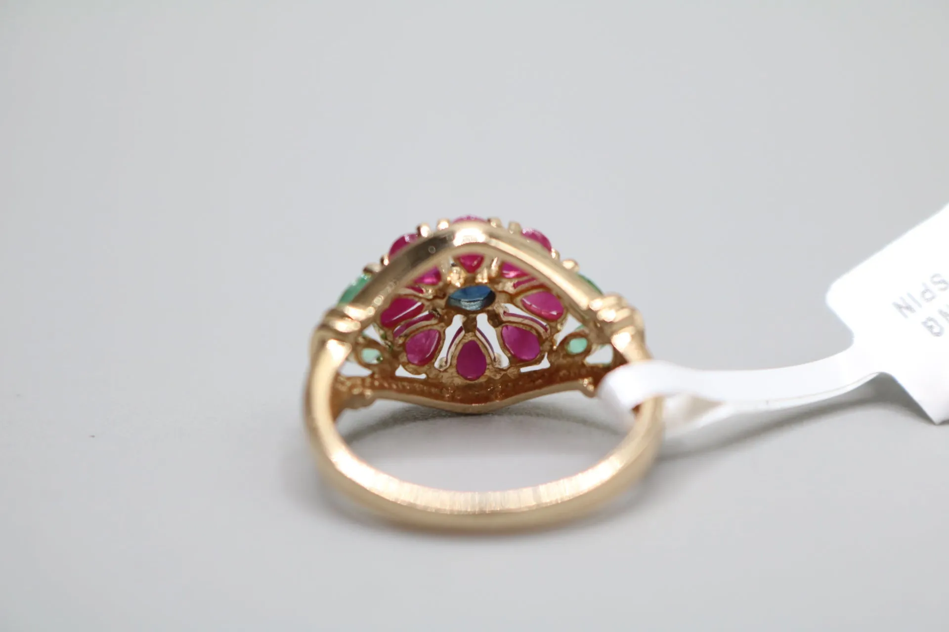 14-Karat Yellow Gold Fancy Colorful Flower Ring Size of 6 3/4