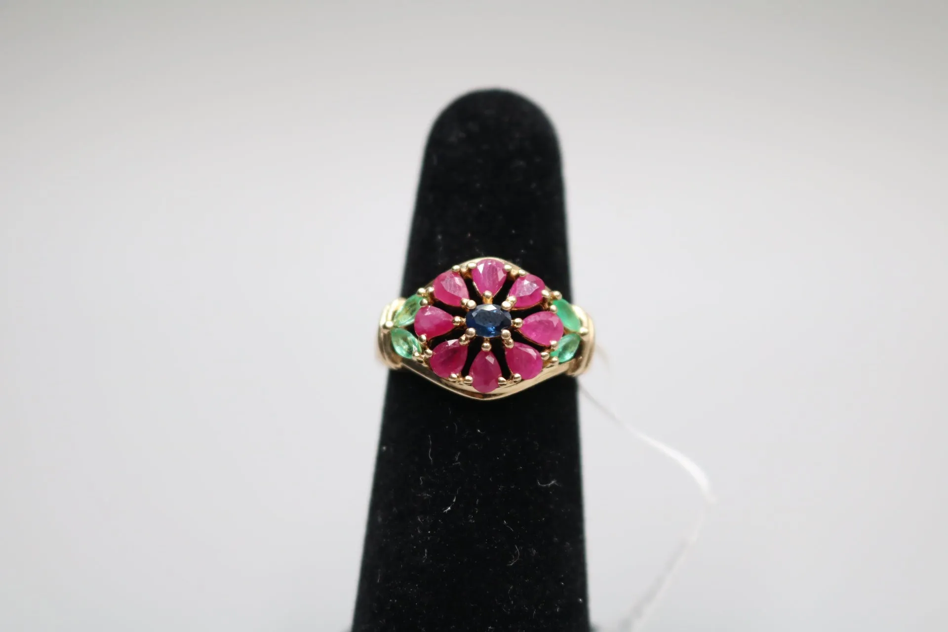 14-Karat Yellow Gold Fancy Colorful Flower Ring Size of 6 3/4