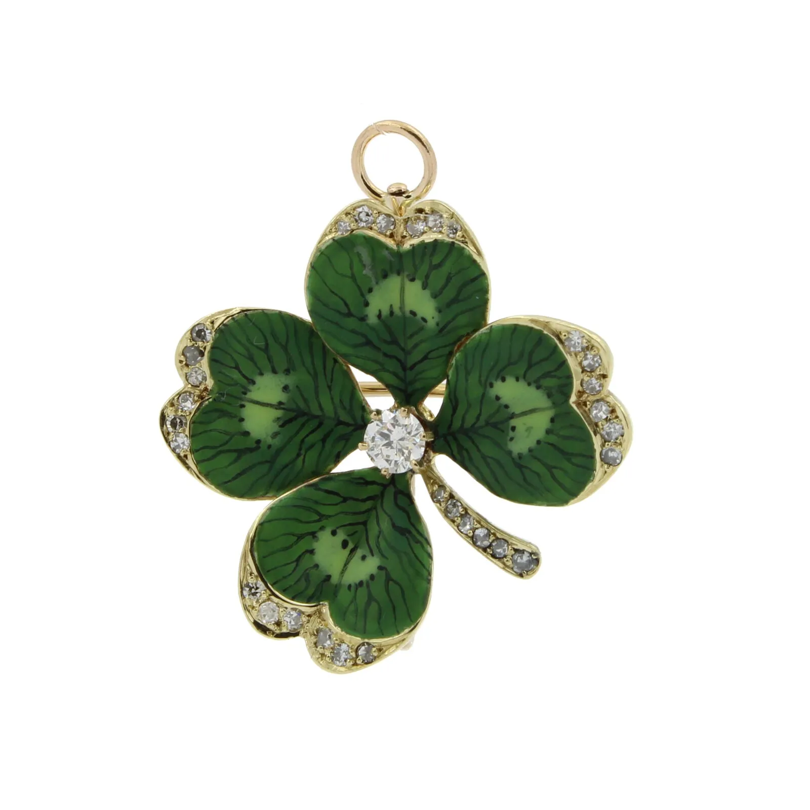 14k Gold Art Nouveau Enamel Diamond Four Leaf Clover Brooch Pendant