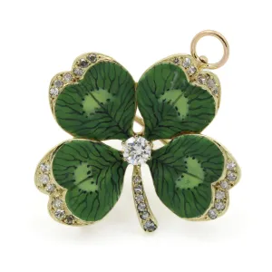 14k Gold Art Nouveau Enamel Diamond Four Leaf Clover Brooch Pendant