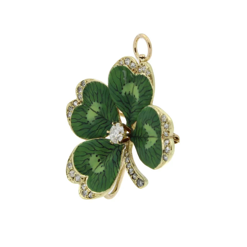 14k Gold Art Nouveau Enamel Diamond Four Leaf Clover Brooch Pendant