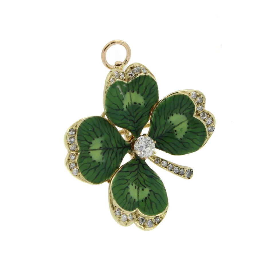 14k Gold Art Nouveau Enamel Diamond Four Leaf Clover Brooch Pendant