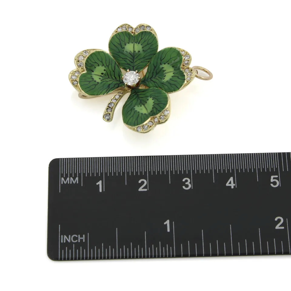 14k Gold Art Nouveau Enamel Diamond Four Leaf Clover Brooch Pendant