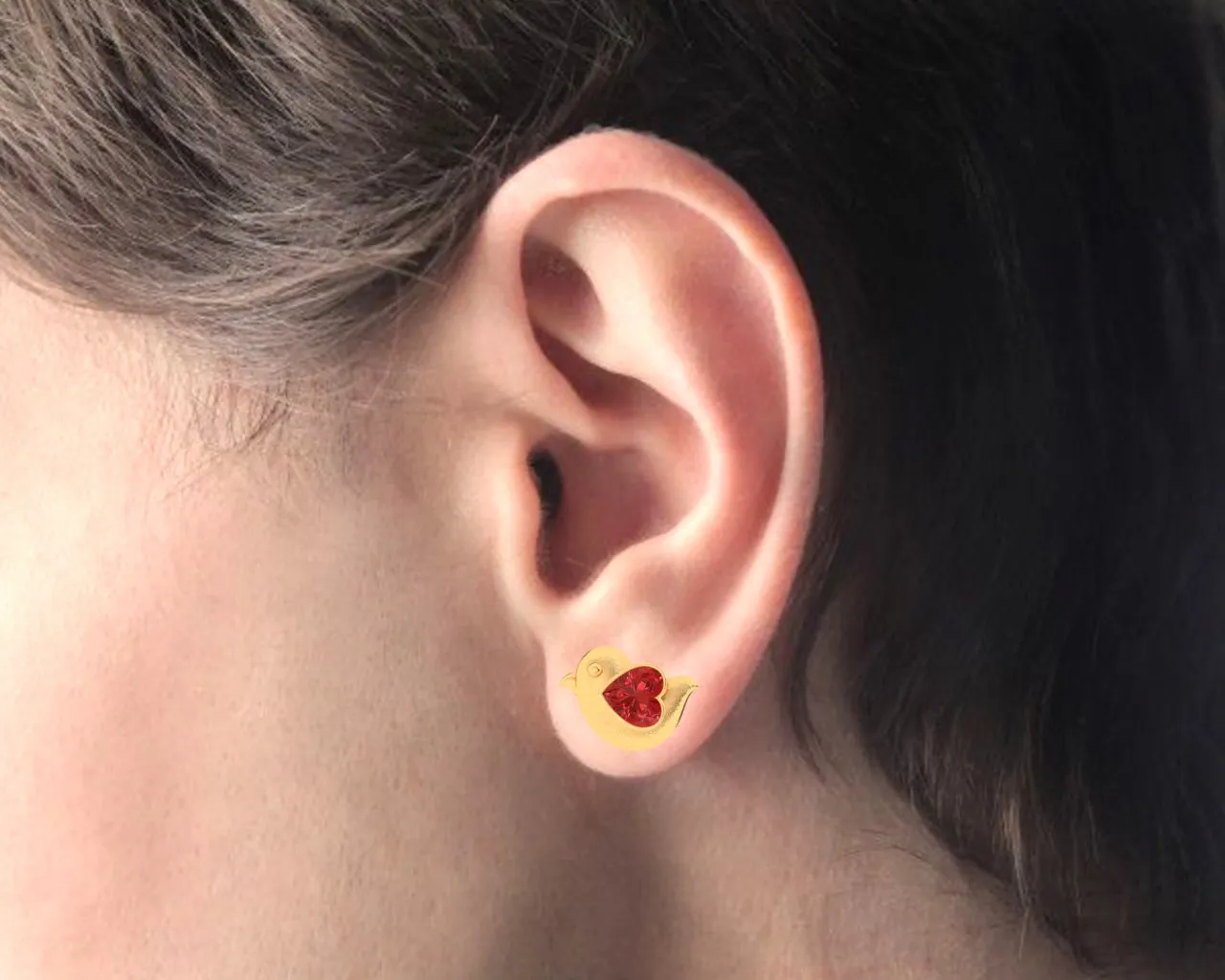 14k Gold Earrings In A Shape Of Bird With Red Stone