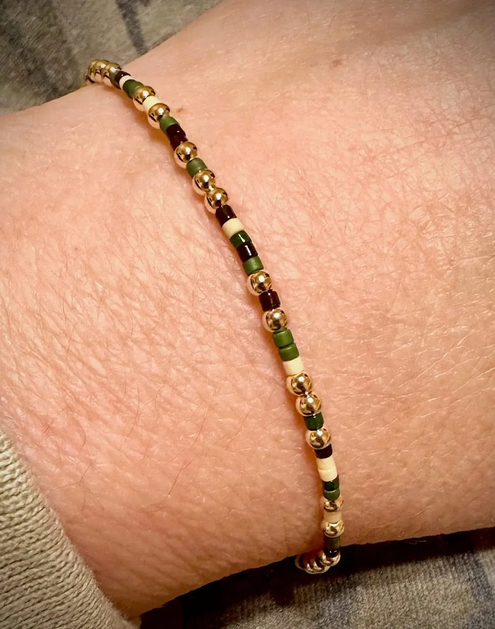 14K Gold Filled and Camo Color Seed Bead Stretch Bracelets