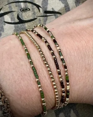 14K Gold Filled and Camo Color Seed Bead Stretch Bracelets