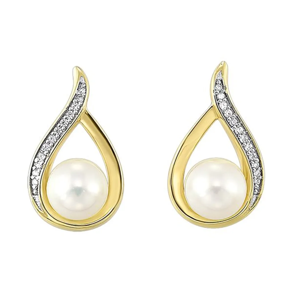 14K Two Tone Gold 5mm Pearl & Diamond Drop Earrings