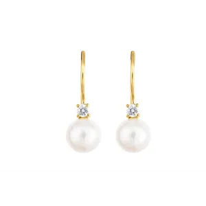 14K Yellow Gold Drop Earrings with Diamond and Cultured Freshwater Pearl