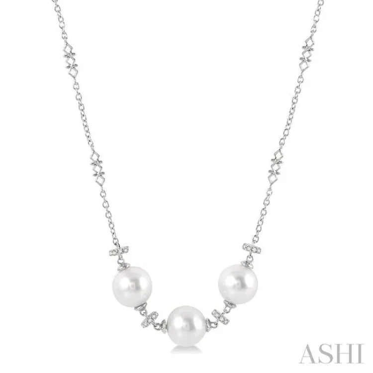 1/5 ctw 8x8MM Triple Cultured Pearl and Round Cut Diamond Circular Mount Necklace in 14K White Gold