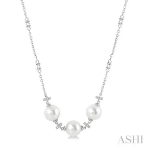 1/5 ctw 8x8MM Triple Cultured Pearl and Round Cut Diamond Circular Mount Necklace in 14K White Gold