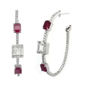 18k White Gold Diamond & Ruby Hoop Earrings