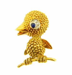 18K Yellow Gold, Sapphire and Diamond Brooch