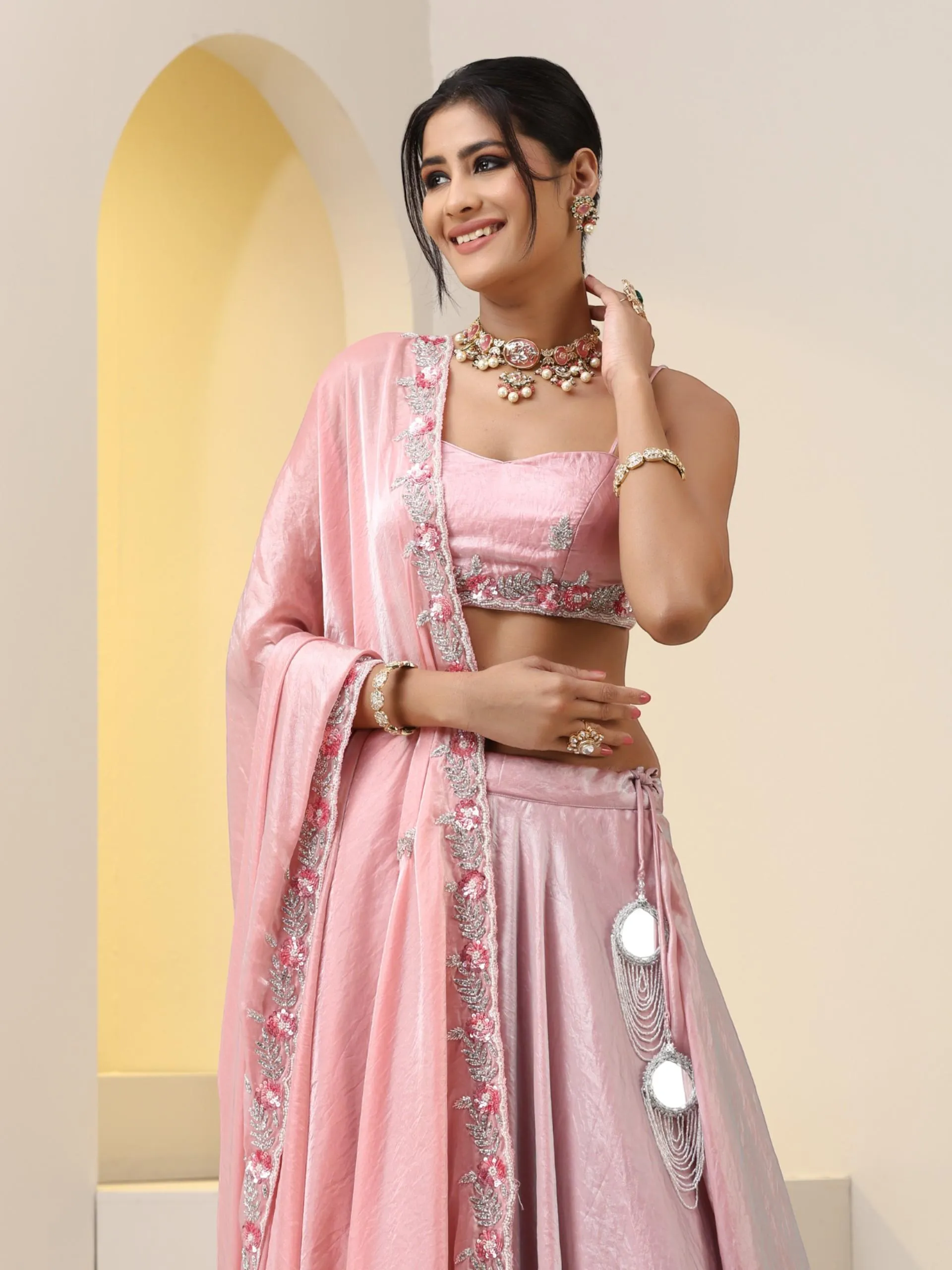 3 pc SET - Pink Blue Metallic Satin Lehenga with Hand Embroidered Cut Dana Blouse Fabric and Dupatta