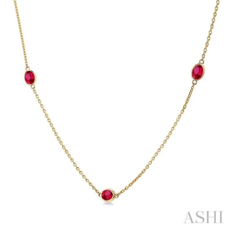 4X3MM Oval Cut Ruby Precious Station Necklace in 14K Yellow Gold