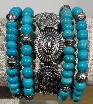 5 Strand Turquoise & Silver Conchos Stretch Bracelet