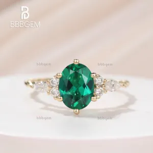 6x8 Oval Cut Lab Emerald & Diamond Ring With Yellow Gold Twisted Mini Rope Band