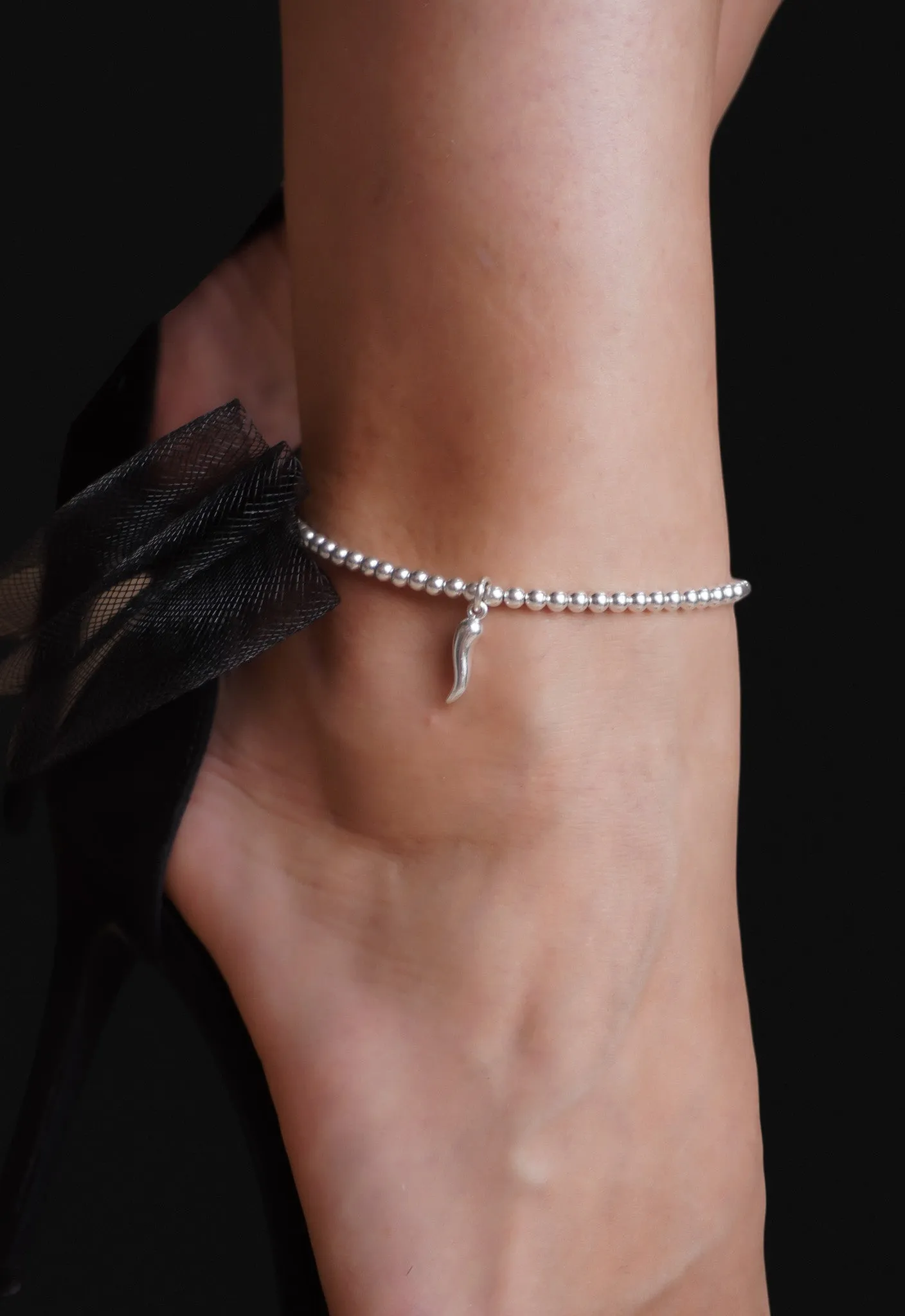 925 Sterling Silver Stretch Silver Cornetto Anklet, Italian Horn Anklet, Malocchio Anklet