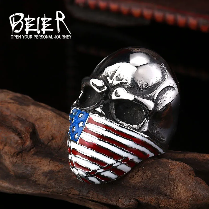 American Flag Stainless Steel Skull Ring for Men