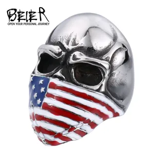 American Flag Stainless Steel Skull Ring for Men