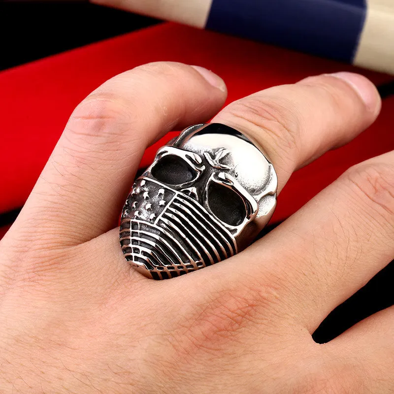 American Flag Stainless Steel Skull Ring for Men