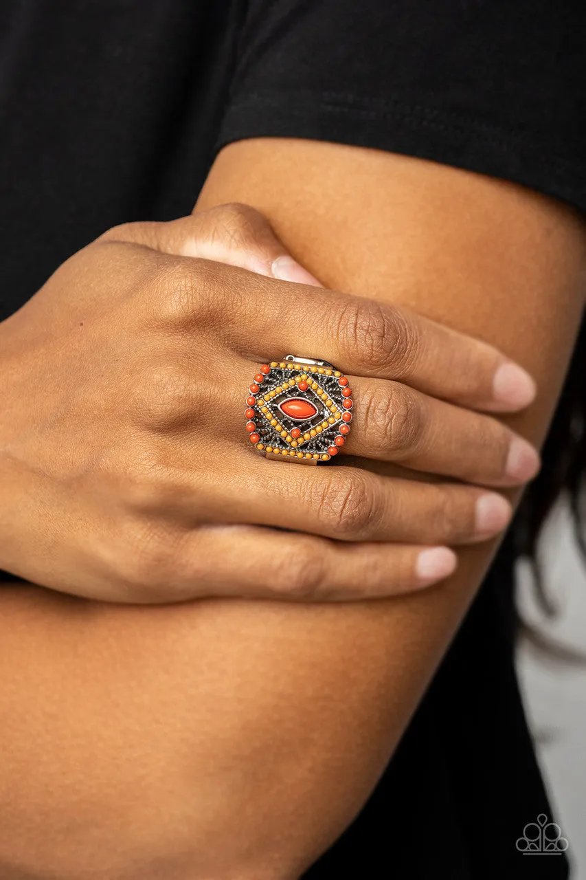 Amplified Aztec - Orange - Beaded Geometric Paparazzi Ring