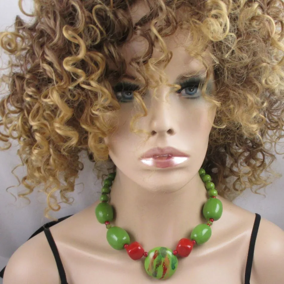 Apple Green Beaded Necklace Big Bold Fair Trade Kazuri Handmade Beads