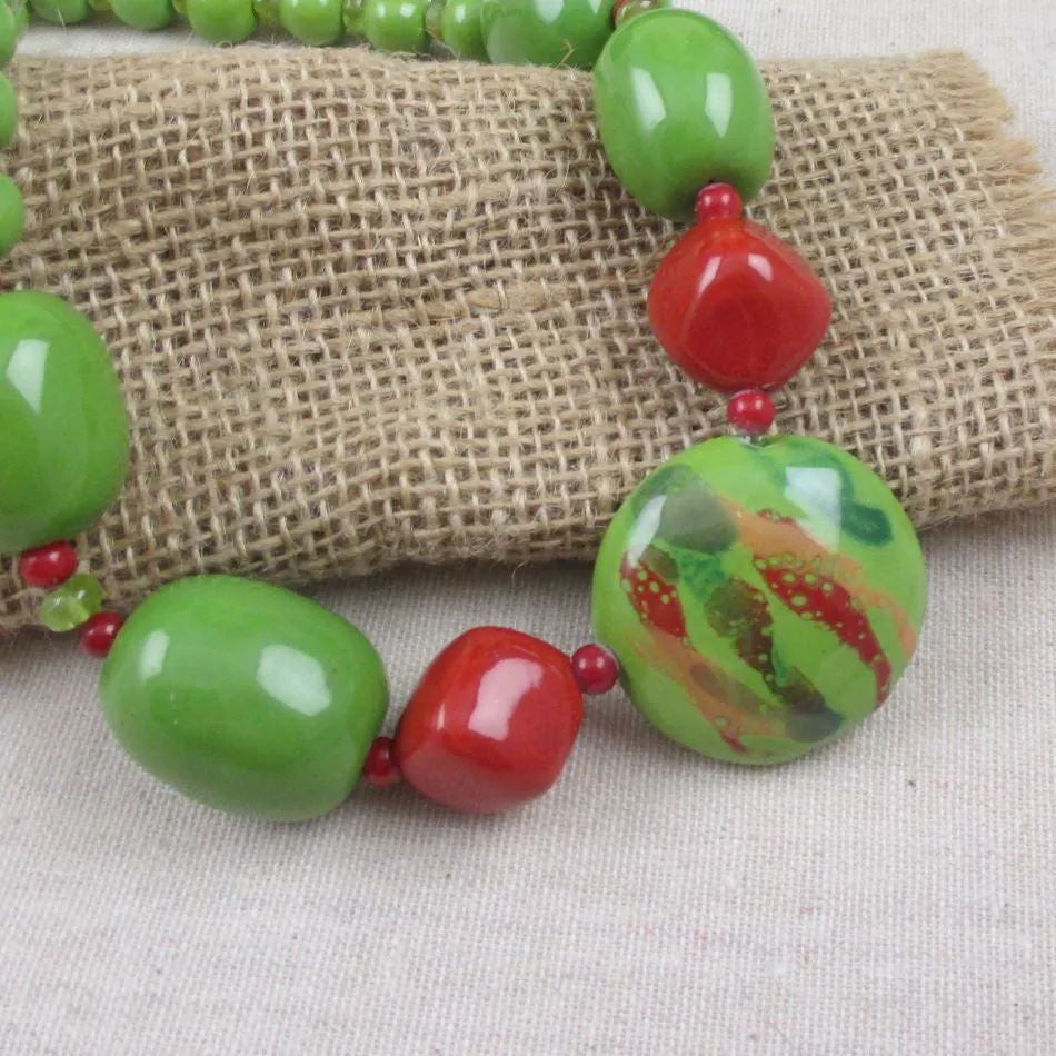 Apple Green Beaded Necklace Big Bold Fair Trade Kazuri Handmade Beads