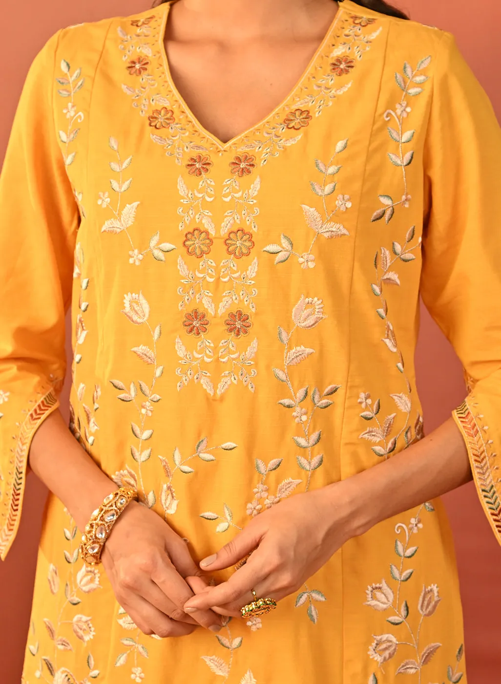 Areeba Chrome Yellow Embroidered Cotton Linen Designer Kurta Set for Women