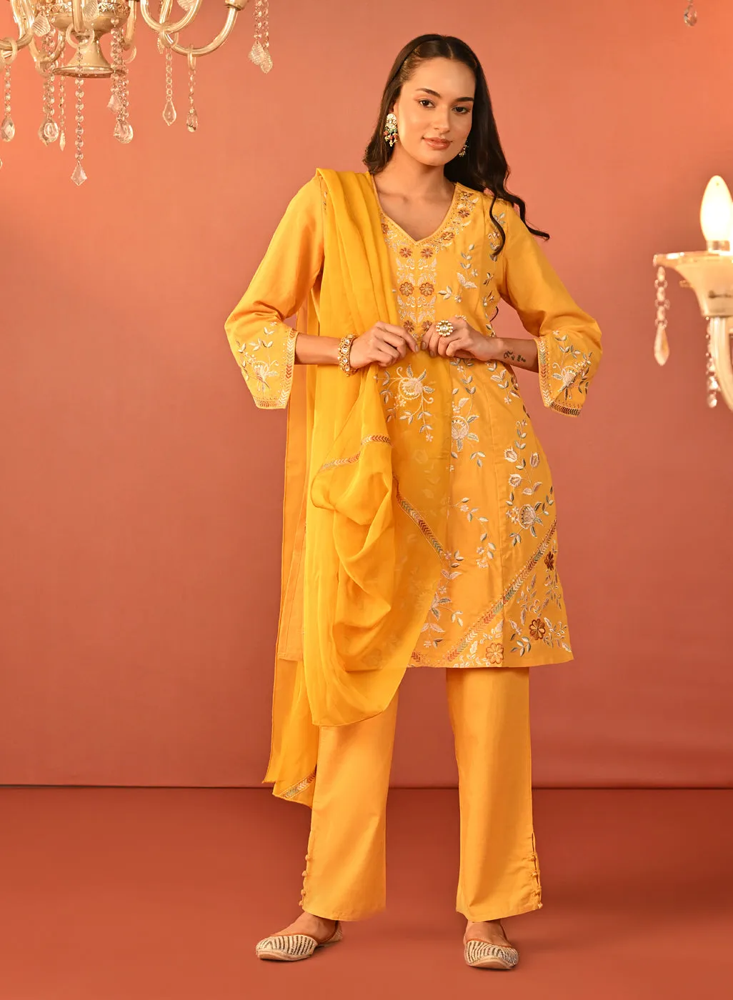 Areeba Chrome Yellow Embroidered Cotton Linen Designer Kurta Set for Women