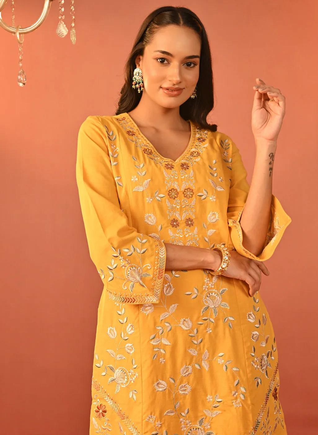 Areeba Chrome Yellow Embroidered Cotton Linen Designer Kurta Set for Women