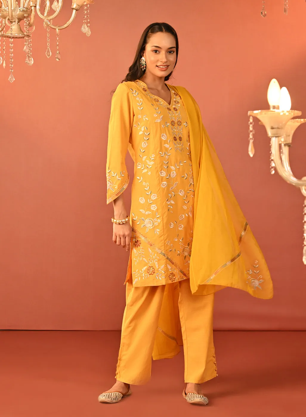 Areeba Chrome Yellow Embroidered Cotton Linen Designer Kurta Set for Women