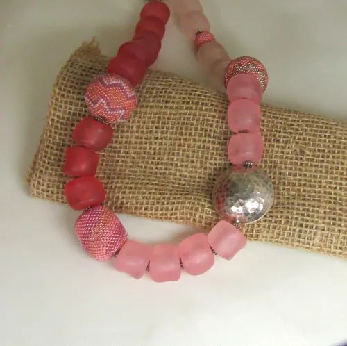 Big Bold Pink Necklace with Exotic Handmade Seed Bead Accents