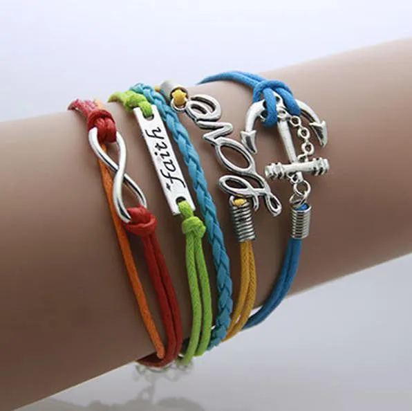 Bracelet Men Anchor leather Infinity bracelets for women Wings Owl Bohemian Jewelry wrap snaps bracelet