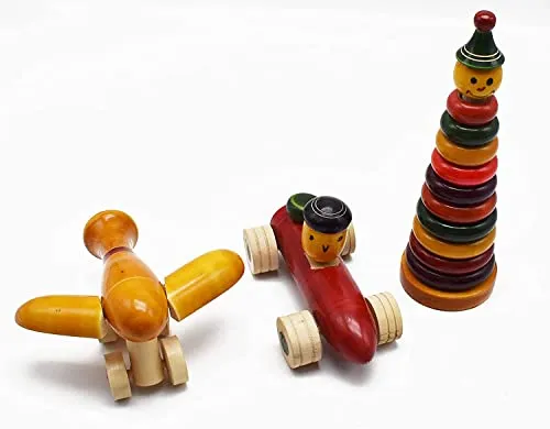 Channapatna Toys Wooden Stacking Rings Toys & Push Pull Vehicle Toys for Kids (1 Years ) - Set of 3 Pieces - Develops Curiosity & Fine Motor Skills