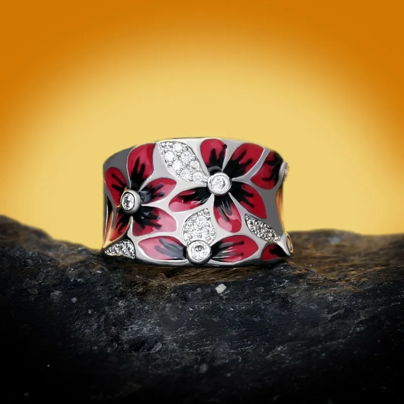 Chinese Jewelry Simple Red Flower Enamel Ring for Women with Zircon in 925 Sterling Silver