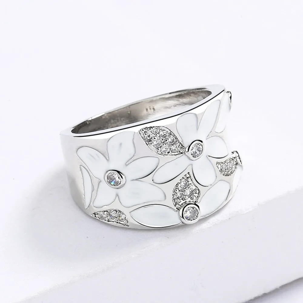 Chinese Jewelry Simple Red Flower Enamel Ring for Women with Zircon in 925 Sterling Silver