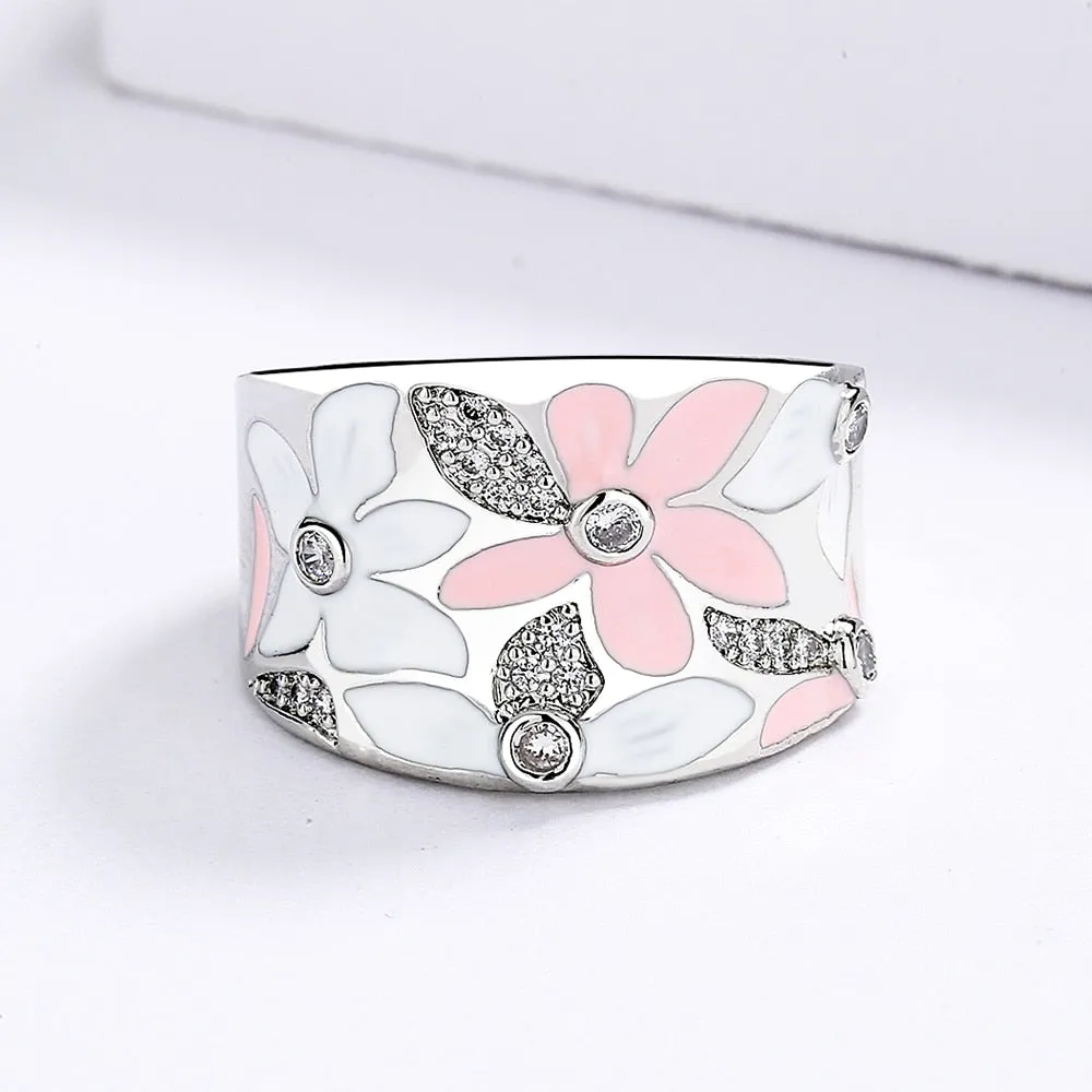 Chinese Jewelry Simple Red Flower Enamel Ring for Women with Zircon in 925 Sterling Silver