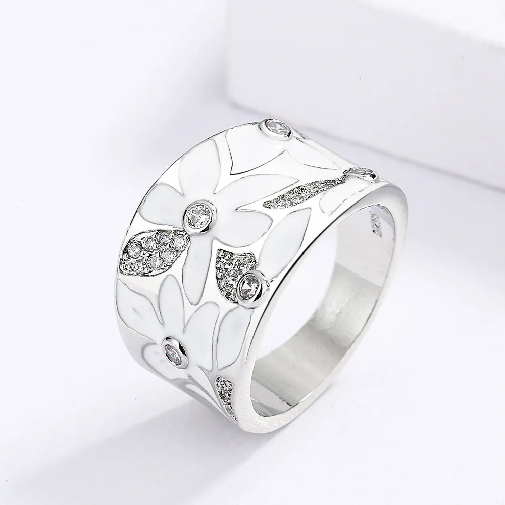 Chinese Jewelry Simple Red Flower Enamel Ring for Women with Zircon in 925 Sterling Silver