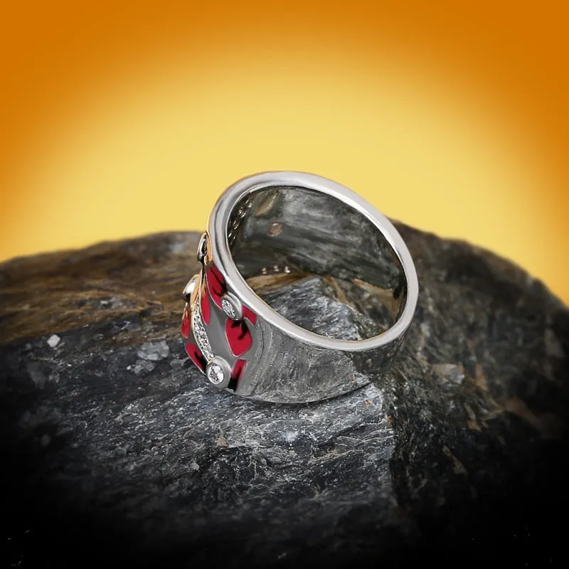 Chinese Jewelry Simple Red Flower Enamel Ring for Women with Zircon in 925 Sterling Silver