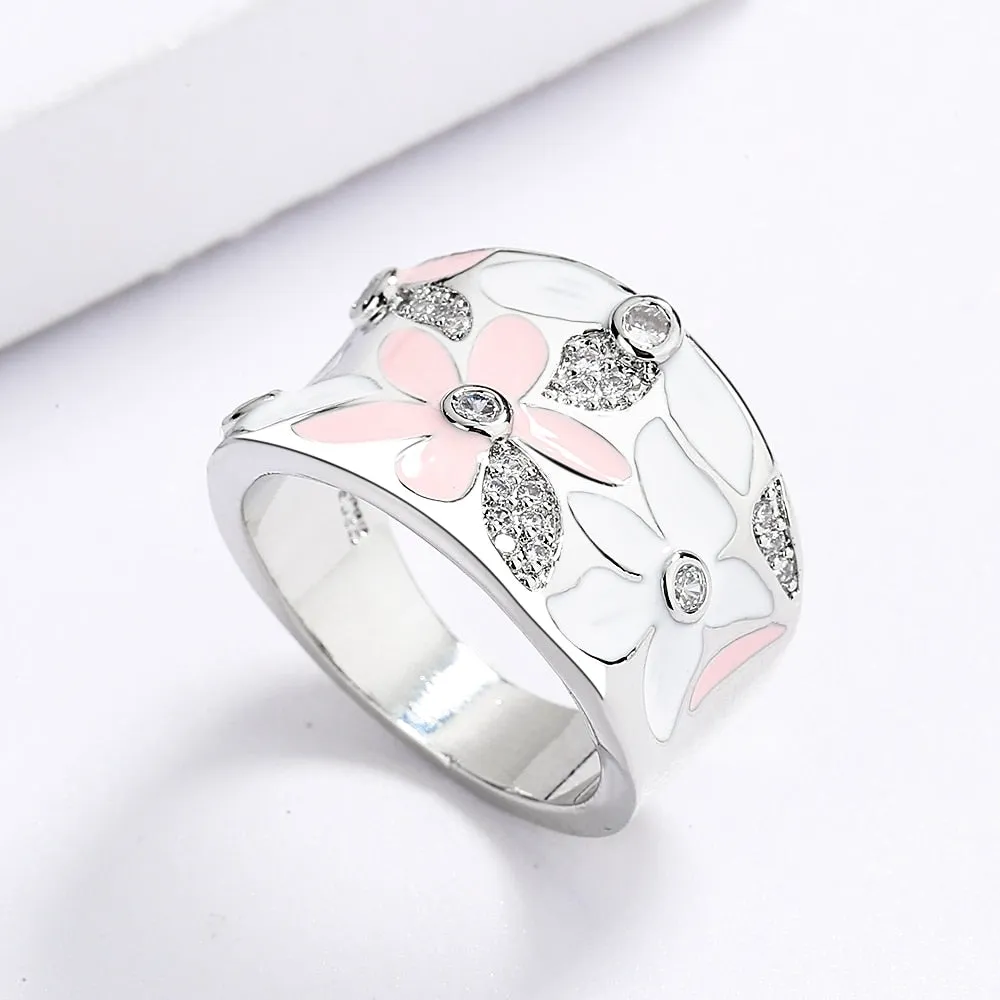 Chinese Jewelry Simple Red Flower Enamel Ring for Women with Zircon in 925 Sterling Silver