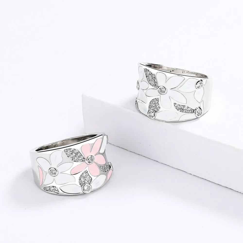 Chinese Jewelry Simple Red Flower Enamel Ring for Women with Zircon in 925 Sterling Silver