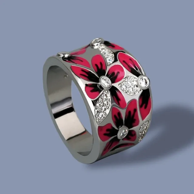 Chinese Jewelry Simple Red Flower Enamel Ring for Women with Zircon in 925 Sterling Silver