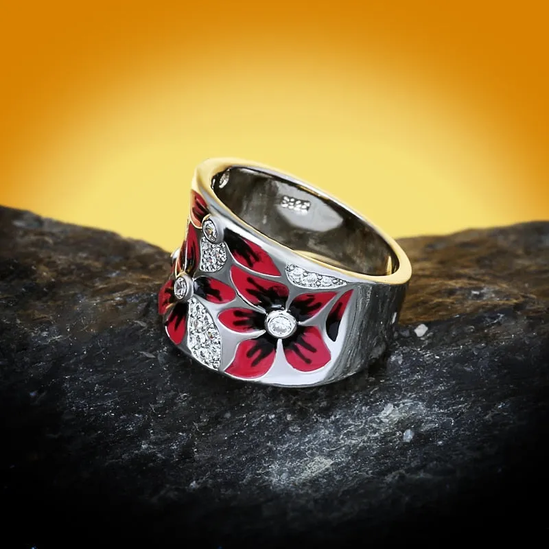 Chinese Jewelry Simple Red Flower Enamel Ring for Women with Zircon in 925 Sterling Silver