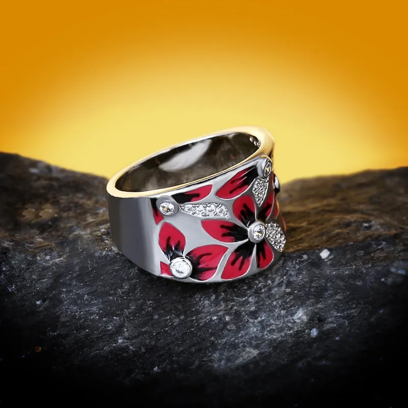 Chinese Jewelry Simple Red Flower Enamel Ring for Women with Zircon in 925 Sterling Silver