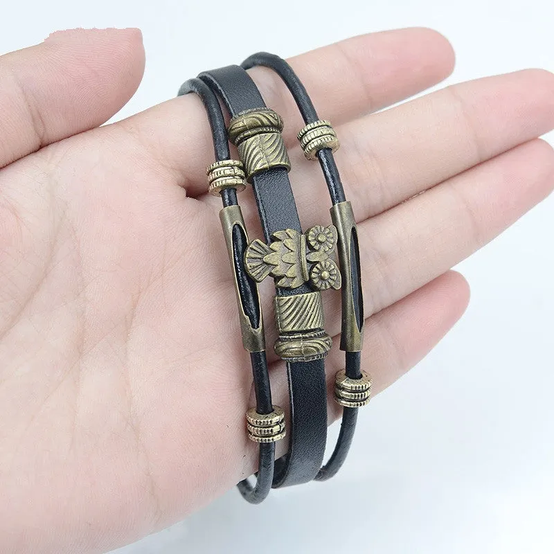 Cool Punk Hologram Men's Owl Bracelet with Charms Vintage Bronze Genuine Leather Male Bracelet for Women Men Wristband Jewelry