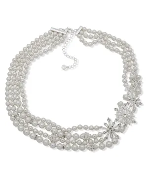 Crystal Snowflake and Faux Pearl Multirow Statement Necklace