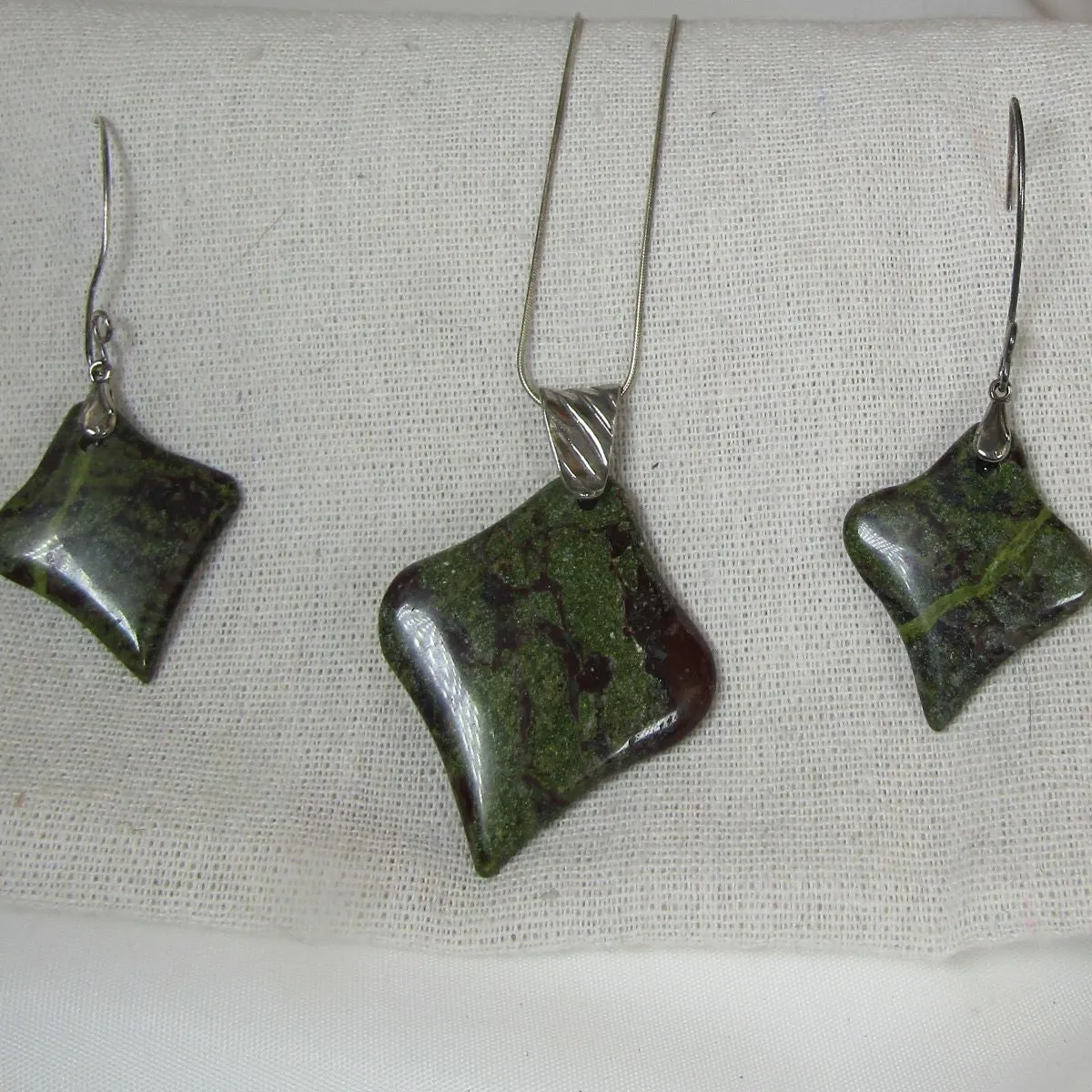 Dark Green Gemstone Pendant Necklace & Earrings Dragon Blood Jasper